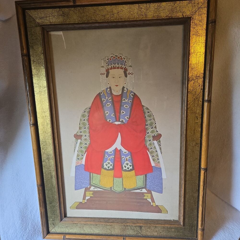 Chinese Ancestor Portrait Bamboo Style Frame 18x13 Woman